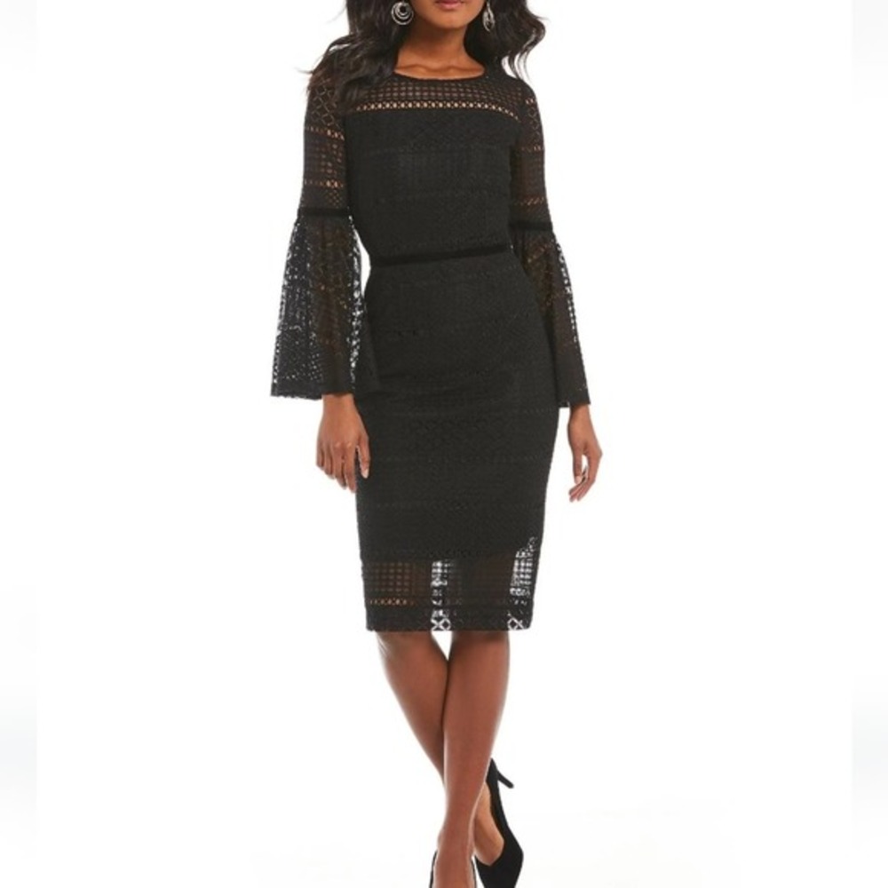 Antonio Melani Black Lace Bell Sleeve Sheath‎ Dress Velvet Trim Party Size 0